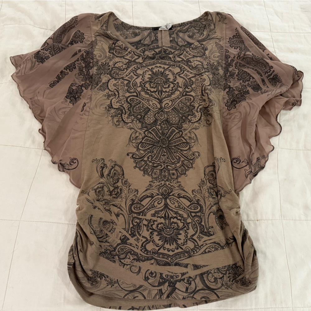 Express Taupe and Black Ornate Blouse